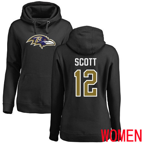 Baltimore Ravens Black Women Jaleel Scott Name and Number Logo NFL Football #12 Pullover Hoodie Sweatshirt->women nfl jersey->Women Jersey